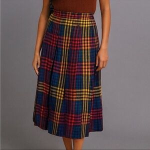 Vintage ILGWU Rainbow Drop Waist Wool Plaid Pleated Midi Skirt S/M